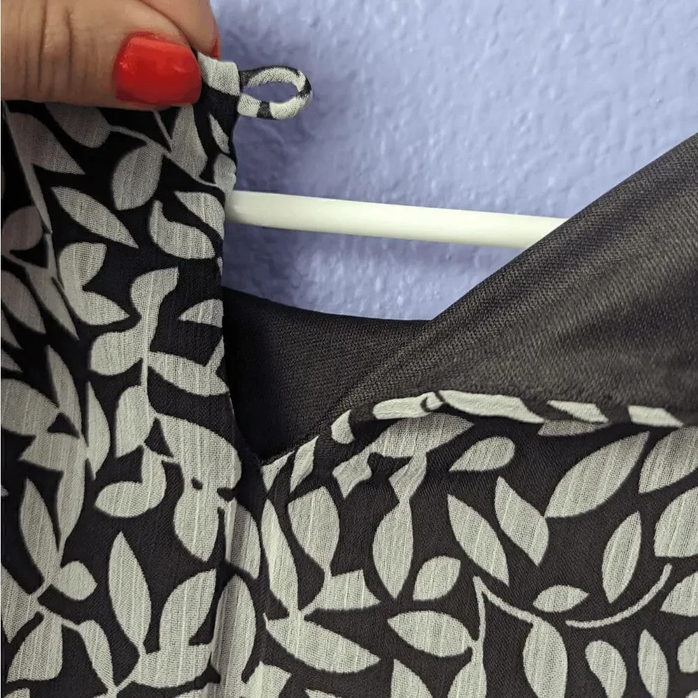 MSK Midi Dress Wrap Tie Around Waist Black & White Leaves Pattern Women's 8 Belt